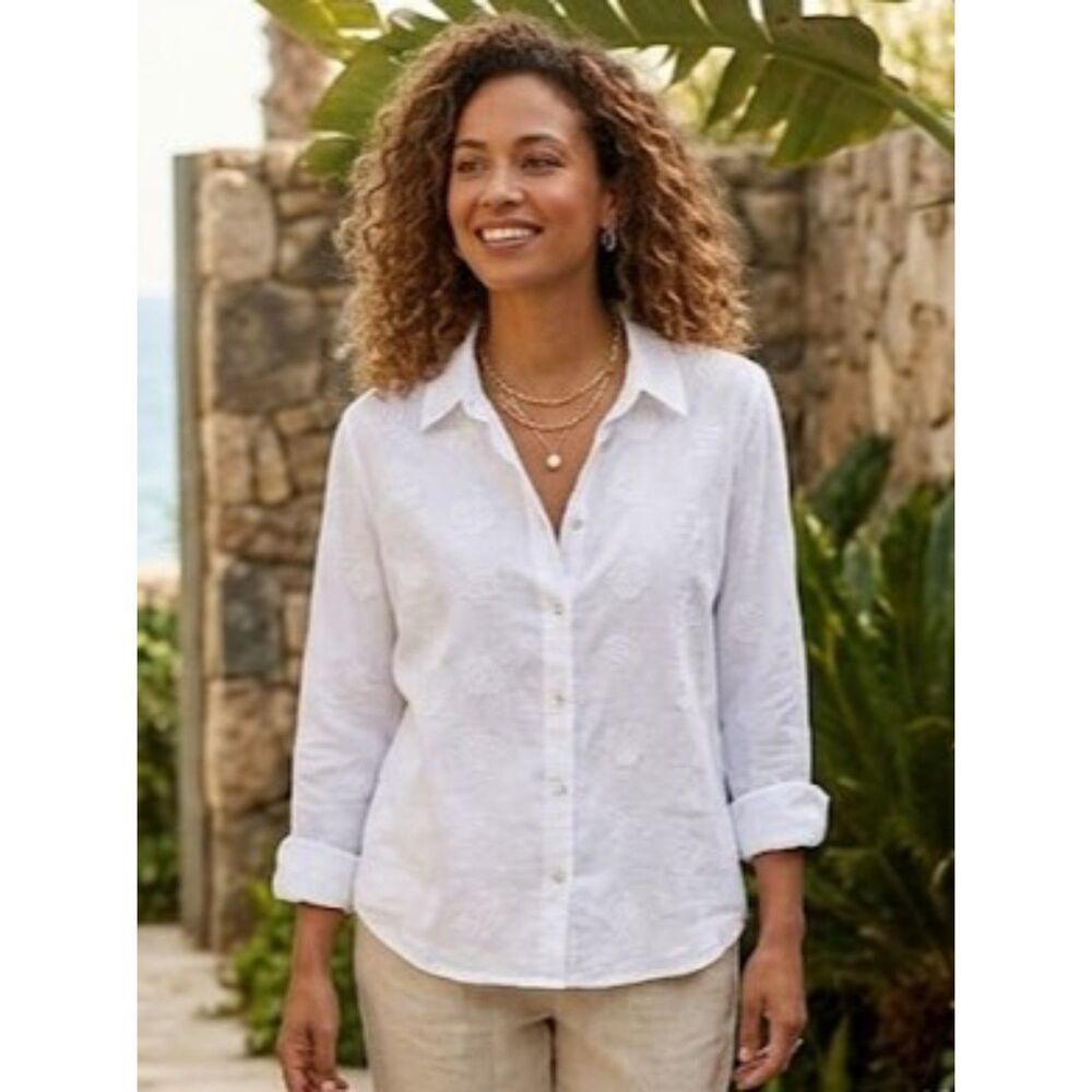 Calypso St. Barth White Linen Blend Seashell Embroidered Blouse Top Large